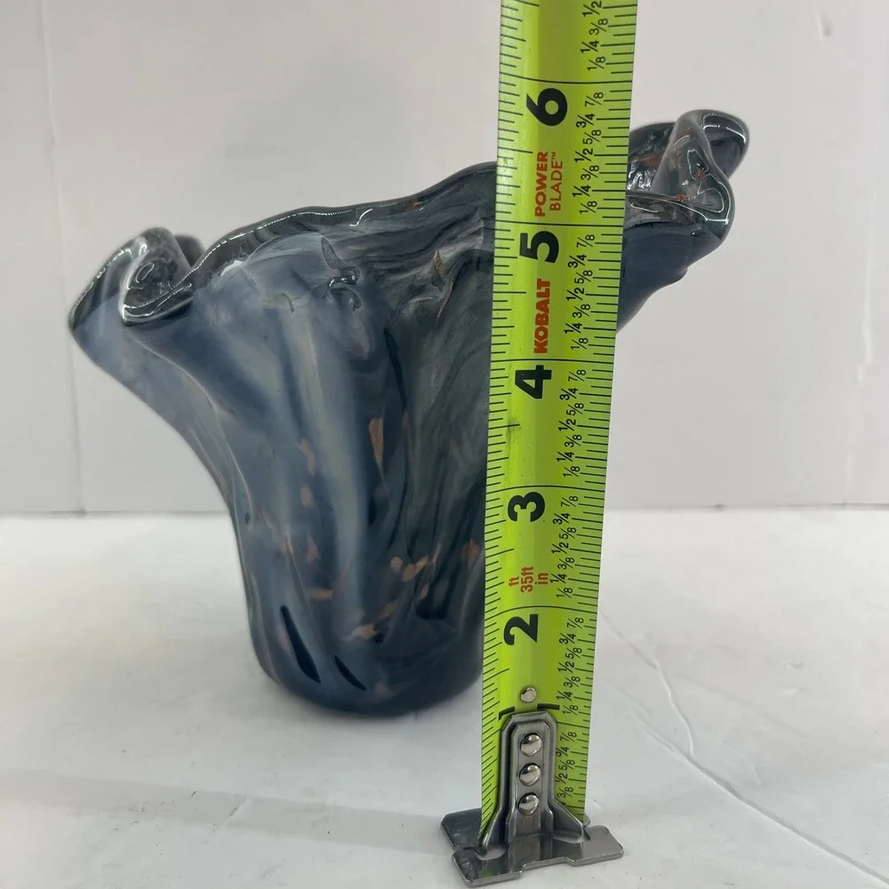 Vintage‎ Murano Style Handkerchief Art Glass Vase Blue Gray Copper Fleck Ruffle